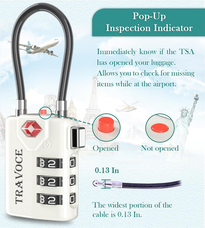 Search Alert TSA Approved Travel Combination Luggage Cable Locks for Suitcase, Gym Locker,Toolbox,Backpack 1,2,4,6 &10 pk (White 4 Pack)