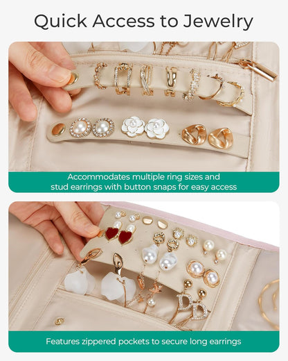 BAGSMART Travel Jewelry Organizer Case, Foldable Jewelry Roll for Necklaces, Earrings, Journey-Rings, Bracelets, Brooches, Portable, Beige