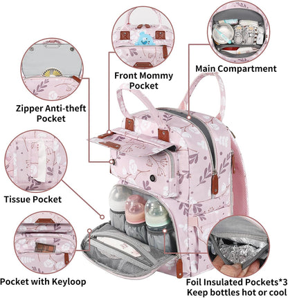 Diaper Bag Backpack for Baby Girl, Multifunction Waterproof Diaper Bag for Mom Dad, Large Pink Floral Baby Diaper Bags, Baby Essentials Travel Bag with Stroller Straps, Large Capacity, Stylish
