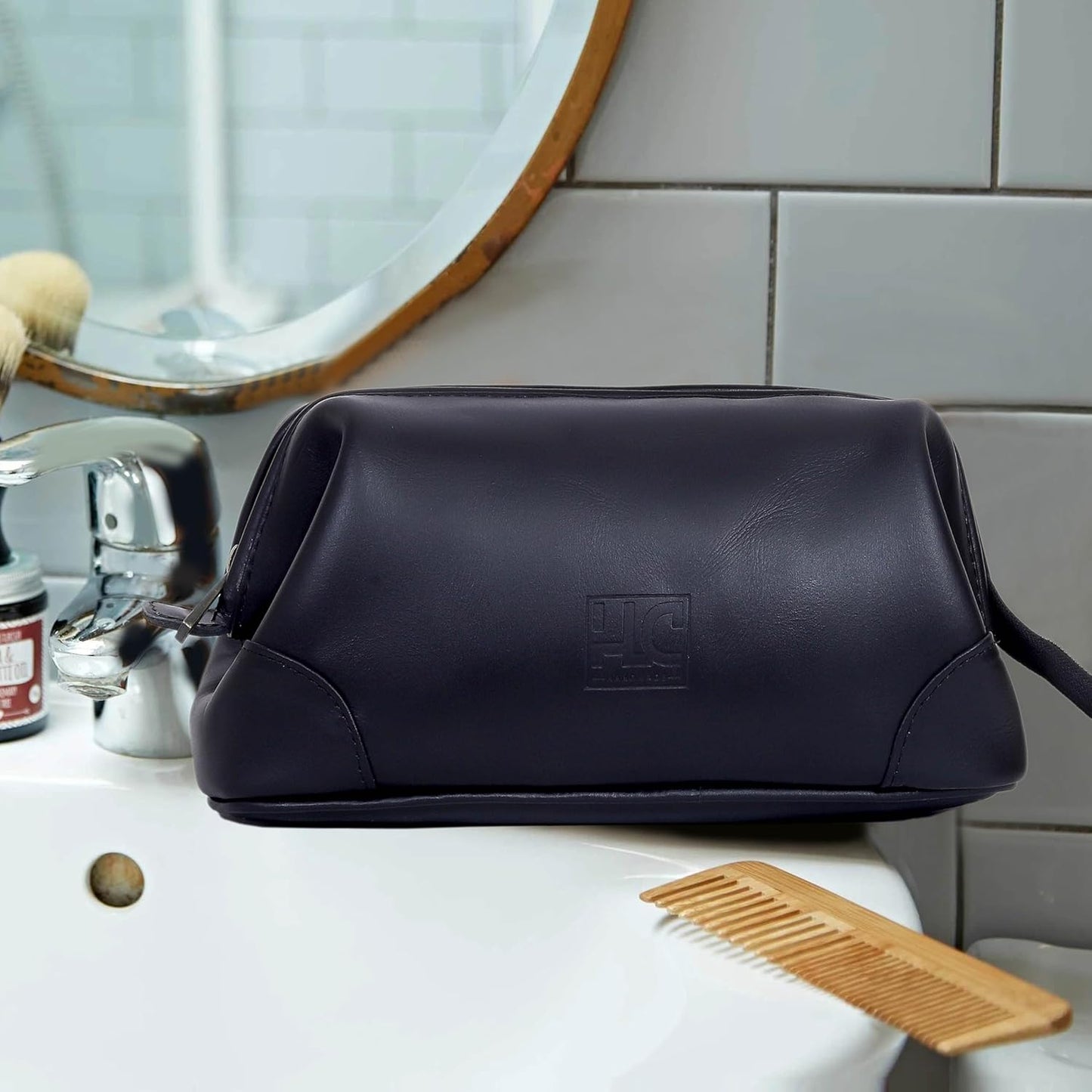 HLC Leather Toiletry Bag for Men Best Gift Premium Genuine Leather Dopp Kit Shaving Kit Organizer Travel Kit Pouch Bag for Men Large Size Black