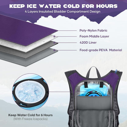 Maelstrom Hydration Hiking Backpack with 2L/3L Water Bladder, High Flow Bite Valve Camping Daypack Lightweight