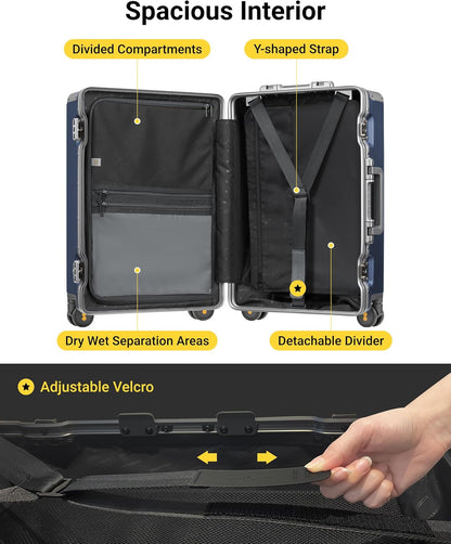 LEVEL8 Zipperless Checked Luggage with Aluminum Frame, Upgraded Medium Hardside Suitcase with Spinner Wheels, Metal Travel Luggage with Double Tsa Locks, 24 Inch, Blue