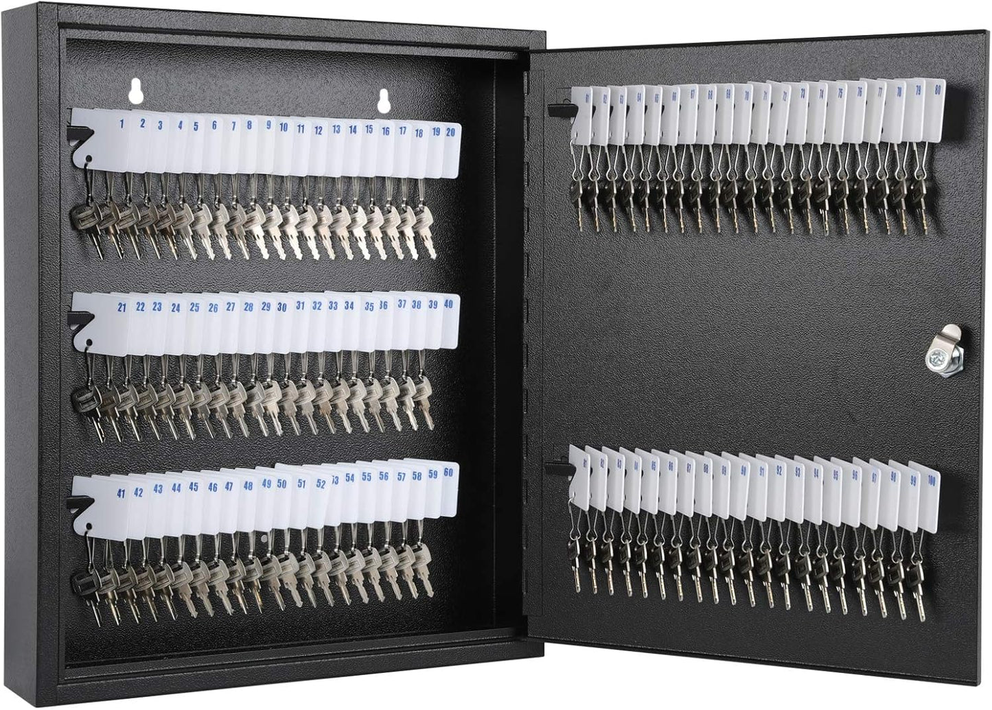 KYODOLED Key Storage Lock Box with Key, Locking Key Cabinet, 100 Key Management Wall Mount with Key Lock, Key Hooks & Tags Key Labels, 3.1" D x 17.1" W x 14.1" H (Black 100 Key)