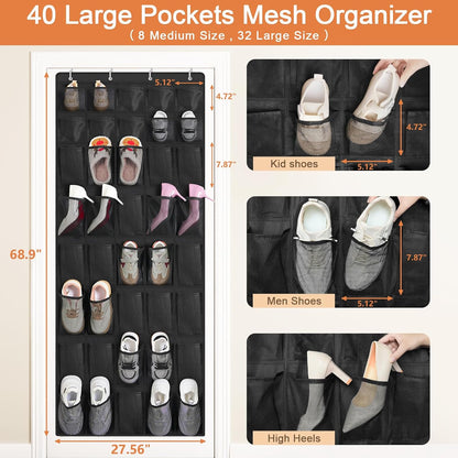 FENTEC 40 Large Pockets Over The Door Shoe Organizer, Mesh Hanging Shoe Organizer Shoe Rack for Closet Mesh Closet Shoe Holder, Over Door Organizer, Shoe Organizer for Wall, Black, 1 Pack