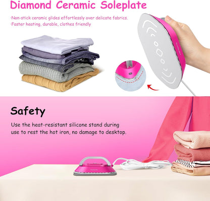 Newbealer Travel Iron with Dual Voltage - 120V/220V Lightweight Dry Iron for Clothes (No Steam), Non-Stick Ceramic Soleplate, 302℉ Heat Press Machine, w/Spray Bottle, Pouch & Silicone Stand (Hotpink)