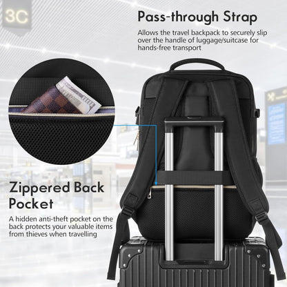 MOMUVO Travel Backpack for Women, Carry On Backpack Airline Approved with 3 Packing Cubes, 15.6 Inch Laptop Backpack with USB Charging Port, Casual Daypack for Weekender Business College, Black