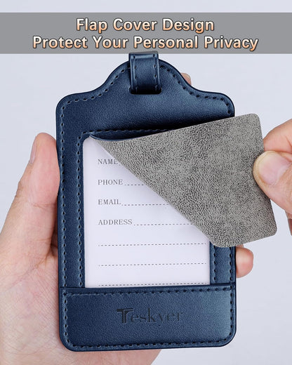 Teskyer Luggage Tags, 3 Pack Premium PU Leather Luggage Tags for Suitcases, Privacy Protection Travel Bag Tags, Blue