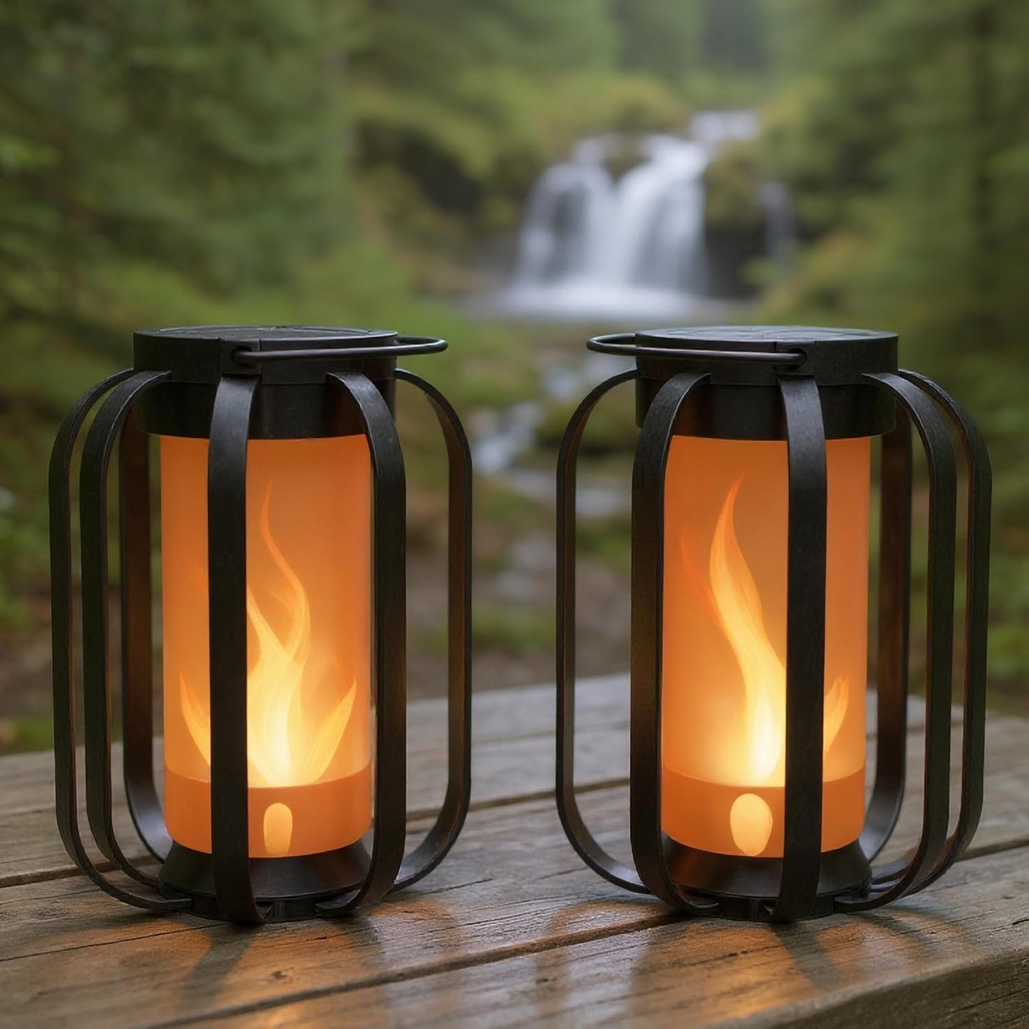 Modern Solar Lanterns Outdoor Waterproof - Patented Flickering LED Flame Effect, IP65 Waterproof, Matte Black Finish, Hanging Solar Lights for Outside for Patio, Garden, Porch, Outdoor Decor (2 Pack)
