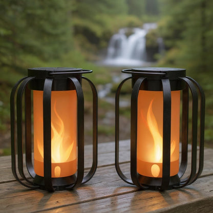 Modern Solar Lanterns Outdoor Waterproof - Patented Flickering LED Flame Effect, IP65 Waterproof, Matte Black Finish, Hanging Solar Lights for Outside for Patio, Garden, Porch, Outdoor Decor (2 Pack)