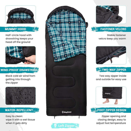 KingCamp Sleeping Bag for Adults, Cold Weather & Warm XL Big and Tall Flannel Sleeping Bags with Compression Sack Portable Waterproof Essentials Gear Accessories for Outdoor Camping