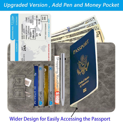 Passport Holder With Luggage Tag Travel Essentials Passport Cover Wallet RFID Blocking Leather Case International Must Haves Travel Accessories Women Men(115#Grey)