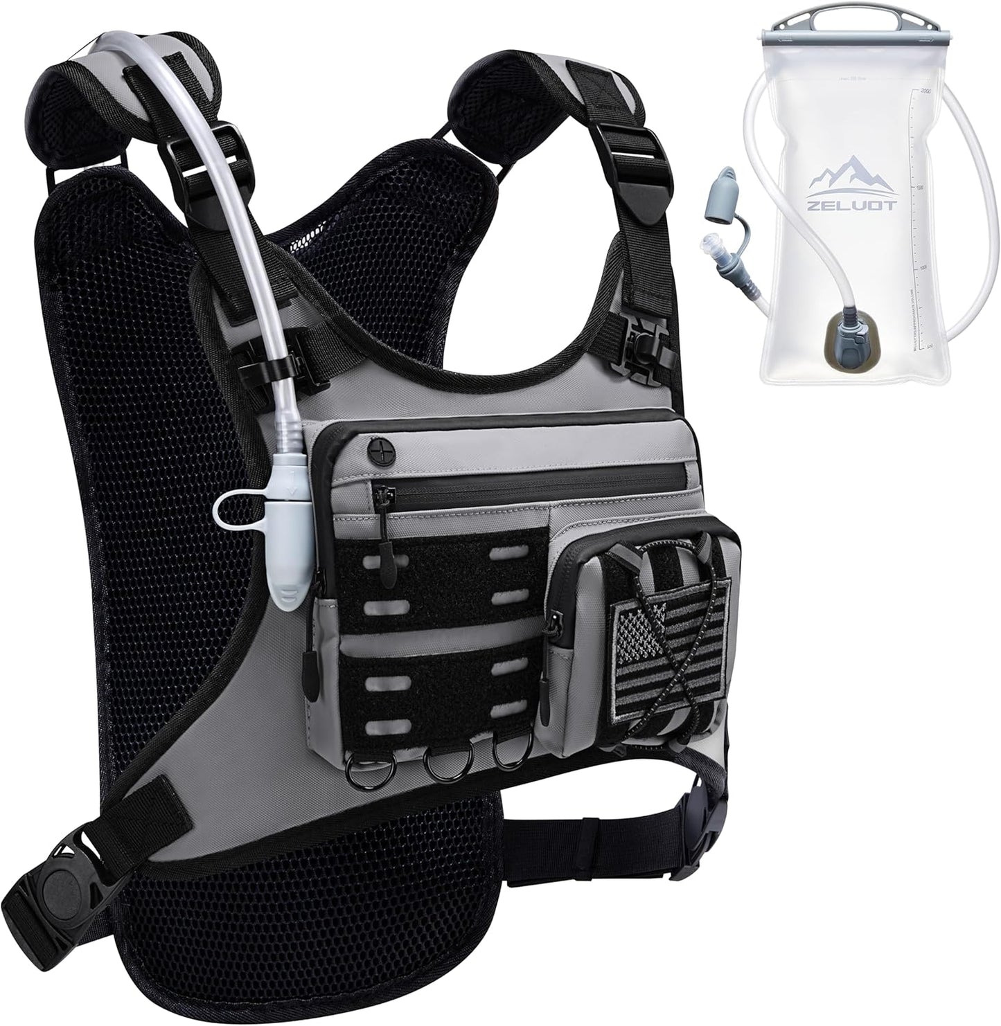 Running Vest with 2L Water Bladder, USA Original Patent, Lightweight Adjustable Chest Pack with Pistol Holster, Reflective Running Hydration Vest for Women Men for Marathon