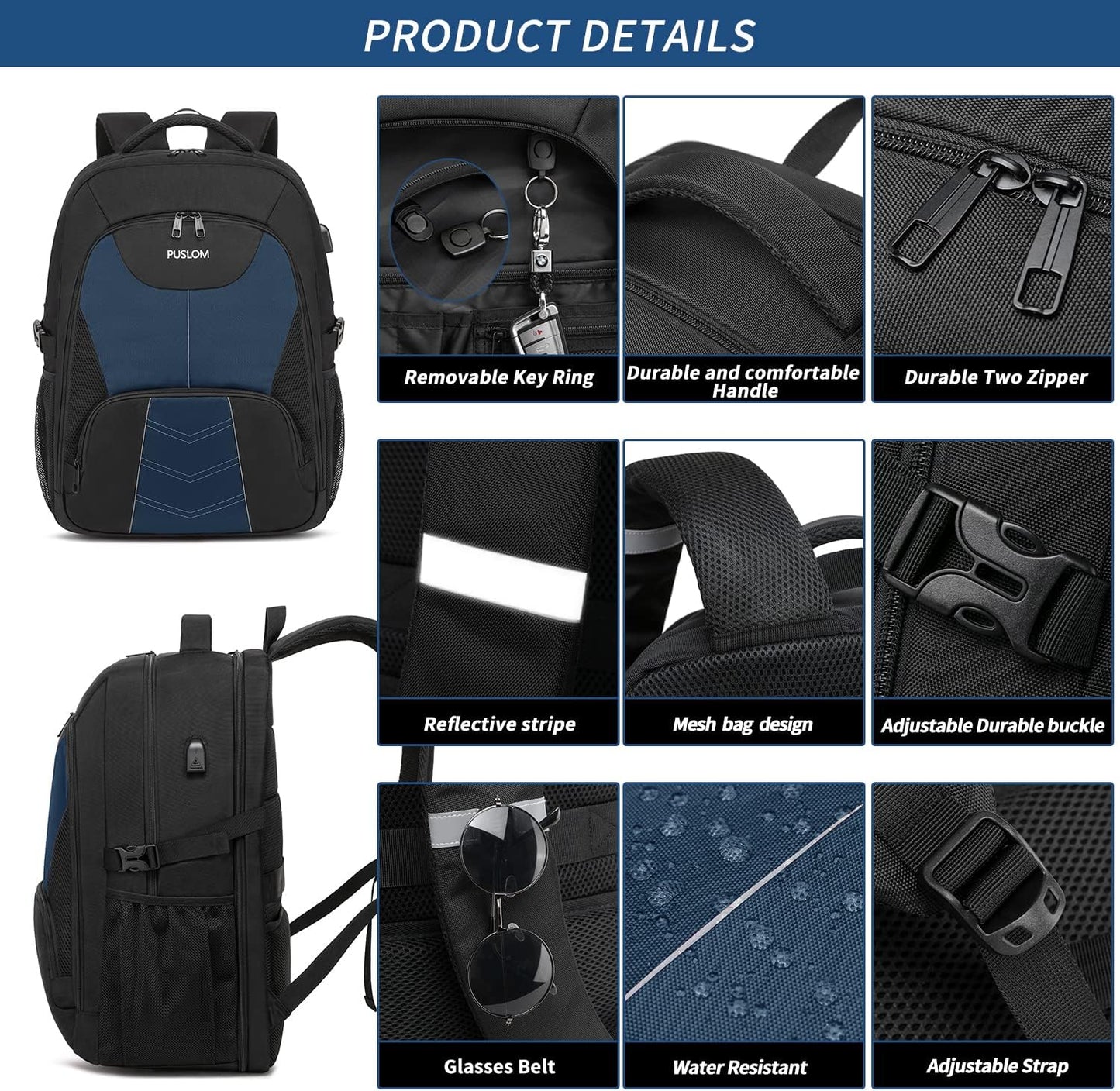 PUSLOM Extra Large Travel Laptop Backpack for Men 55L,Water Resistant 18.4 inch Big Business Laptop bags with USB Charging Port,TSA Friendly Anti Theft Computer Bag for Work College,Blue