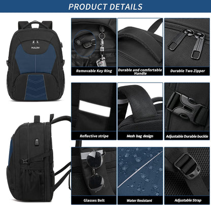 PUSLOM Extra Large Travel Laptop Backpack for Men 55L,Water Resistant 18.4 inch Big Business Laptop bags with USB Charging Port,TSA Friendly Anti Theft Computer Bag for Work College,Blue