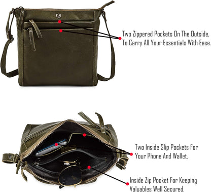 Small Soft Genuine Leather Crossbody Purse Women’s Sling Crossover Shoulder Travel Handbag with Triple Zipper