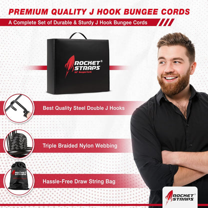 Rocket Straps - Ultimate Outdoor Bungee Cord Assortment - Heavy Duty Set of 12 Bungee Cords (72") Double-J Hooks - Elastic Straps for Camping, Securing, and DIY and Multipurpose