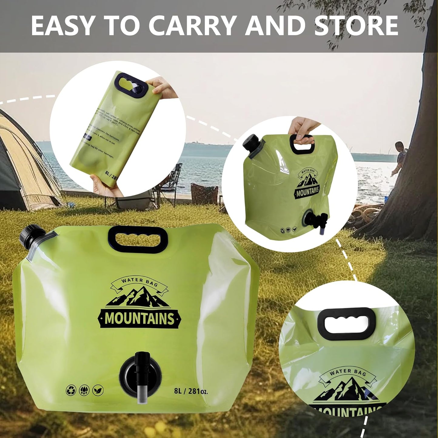 Collapsible 8L Water Storage Bag, BPA-Free Portable Folding Water Jug with Adjustable Faucet, Leakproof Emergency Water Bag for Camping, Hiking, Riding, Outdoor Sport (GREEN, 4)