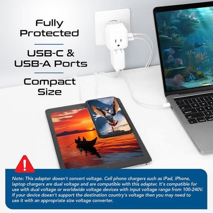 Ceptics Israel, Jordan Power Plug Adapter Travel, 20W PD & QC, Safe Dual USB & USB-C 3.1A -2 USA Socket - Use in Jerusalem, Palestine, UAE - Includes Type H, Type C, Type G Swadapt Attachments