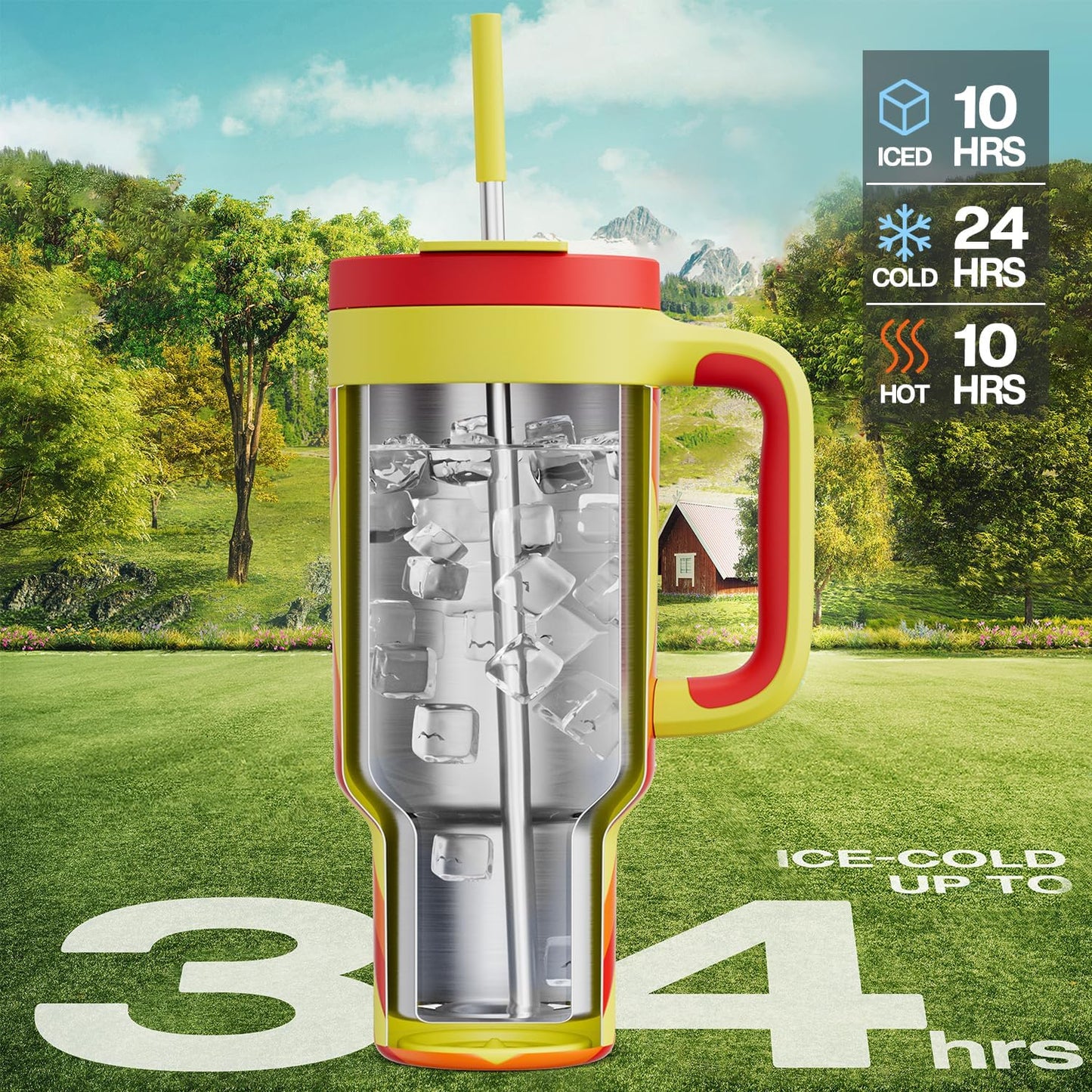 POWCAN 40 oz Tumbler with Handle, 2-in-1 Straw and Sip Lid, Leakproof, Dishwasher Safe, Insulated Stainless Steel Travel Coffee Mug, Keeps Cold for 34 Hours, Fits in Car Cup Holder (Fiery Love)