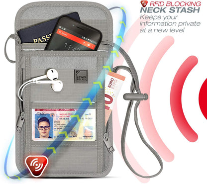 Lewis N. Clark RFID Blocking Stash Neck Wallet, Travel Pouch + Passport Holder for Women & Men, Gray, One Size