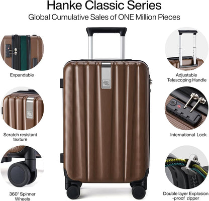 Hanke 20 Inch Expandable Carry on Luggage 22x14x9 Airline Approved Lightweight PC Hard Shell Suitcases with Wheels Tsa Luggage Rolling Suitcase Travel Luggage Bag for Weekender(Brown)