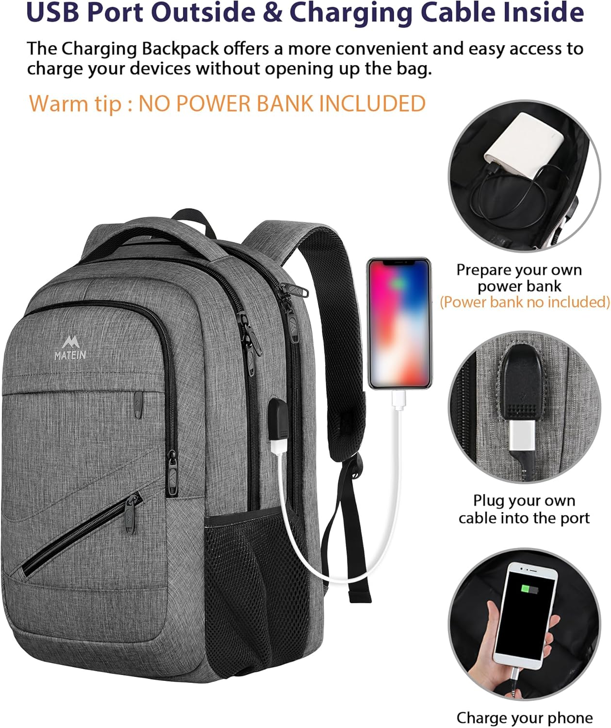 MATEIN Travel Laptop Backpack, 17 Inch Work TSA Approved Carry on Backpack, Large Computer Business Bag for Men Women with USB Port and Trolley Sleeve, College School Rucksack Book Bag, Grey