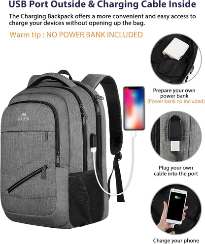 MATEIN Travel Laptop Backpack, 17 Inch Work TSA Approved Carry on Backpack, Large Computer Business Bag for Men Women with USB Port and Trolley Sleeve, College School Rucksack Book Bag, Grey
