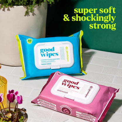goodwipes Flushable Butt Wipes - Vitamin E & Aloe - Sewer & Septic Safe - Extra Large Adult Wet Wipes For Women & Men - Bathroom Essentials - Shea-Coco, 318 Count (6 Packs + 1 Travel)