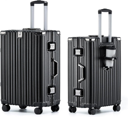 HotWay 26 Inch Aluminum Frame Luggage with Spinner Wheels, PC Hard Shell Suitcase with Cup Holder, Zipperless Luggage for Business Travel, Black