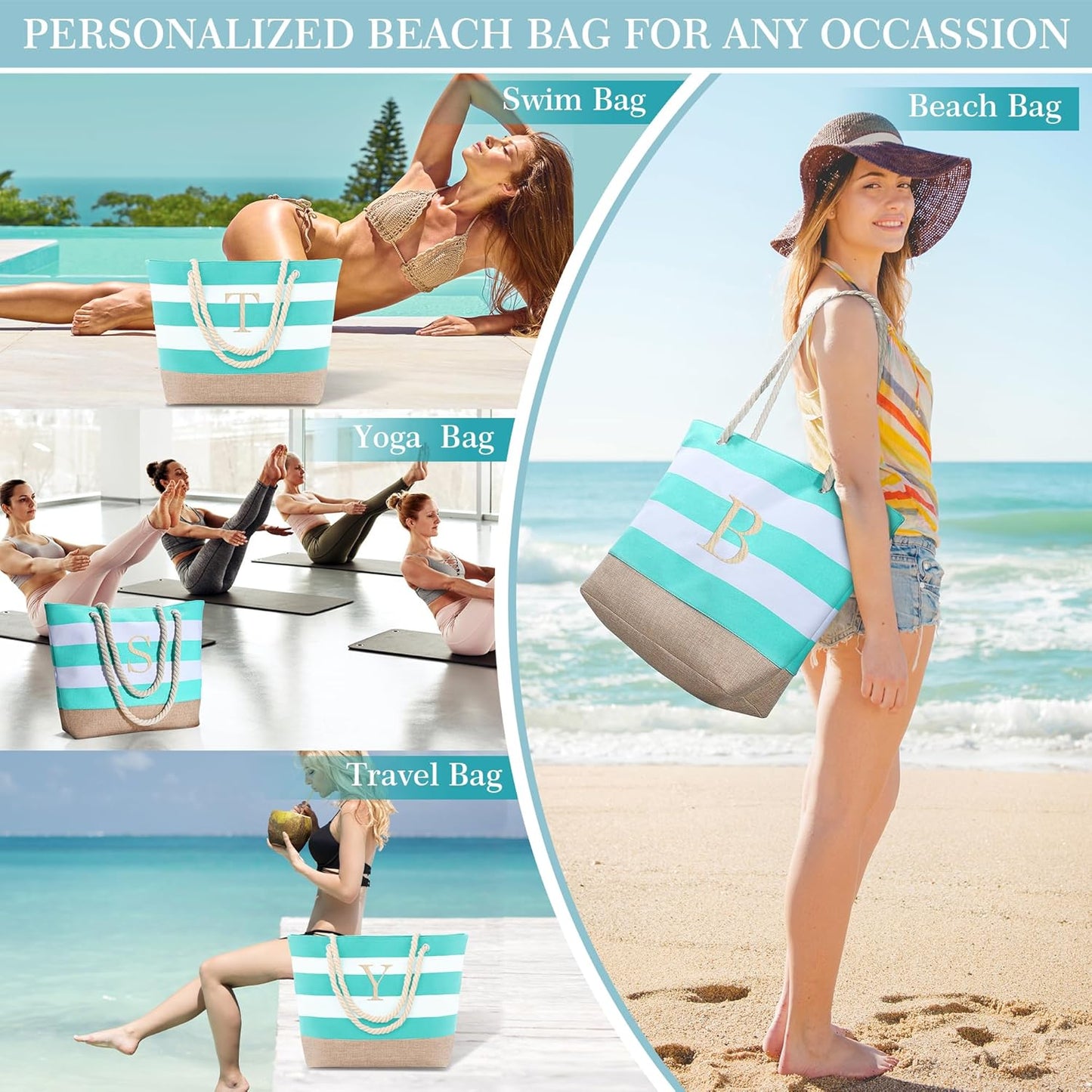 YOOLIFE Initial Canvas Waterproof Beach Tote Bag Zipper Personalized Gifts for Women Her Birthday Travel Beach Essential
