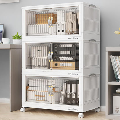 BROVIEW 180Qt Stackable Storage Bins with Lid, Extra Large Closet Organizer Collapsible Drawer Boxes with Wheels, Folding Plastic Cabinet Containers for Home Kitchen Room Organization, 3Pack White