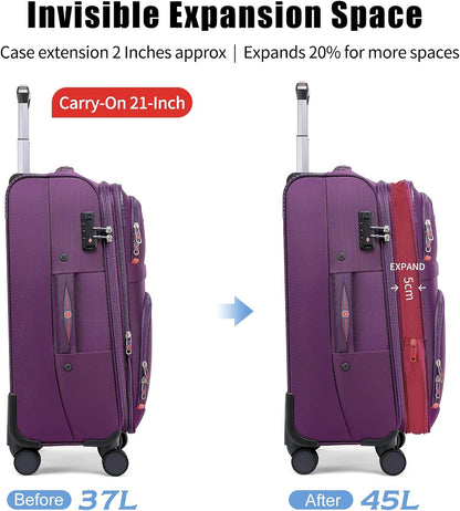 Softside Expandable Luggage with 4 Spinner Wheels, Durable Carry-On Luggage Suicase (Purple, 21-Inch)