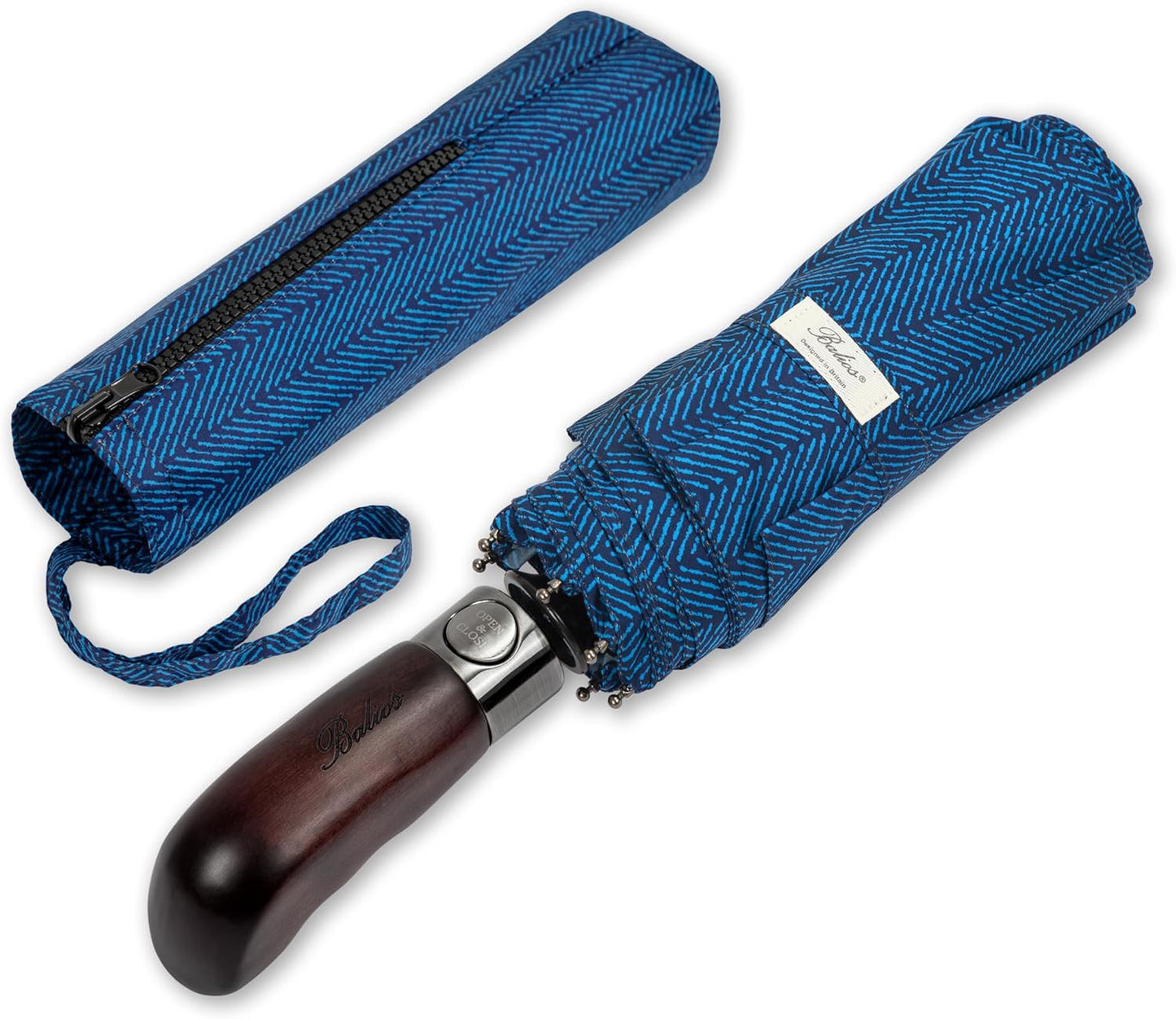 Balios Travel Folding Umbrella with Real Wood Handle Auto Open Close Vented Windproof Canopy - Designed in UK