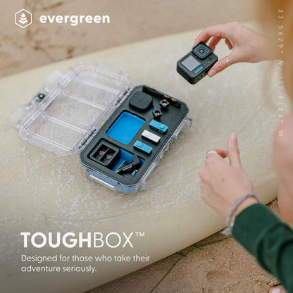 Evergreen ToughBox - Protective Case for GoPro | Compatible with GoPro Hero 9, 10, 11, 12 | Waterproof, Shockproof, Dustproof | Pre-Cut Battery Insert, Max Lens Mod, Bonus SD Card Holder (Black)