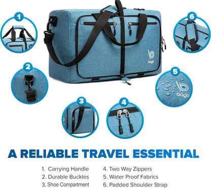 Bago Foldable Duffel Bags for Traveling Women & Men - 40L Sports Packable Duffle Bag for Travel with Shoe Compartment - Water Repellant, Heavy Duty, Lightweight Folding & Collapsible (SnowBlue)