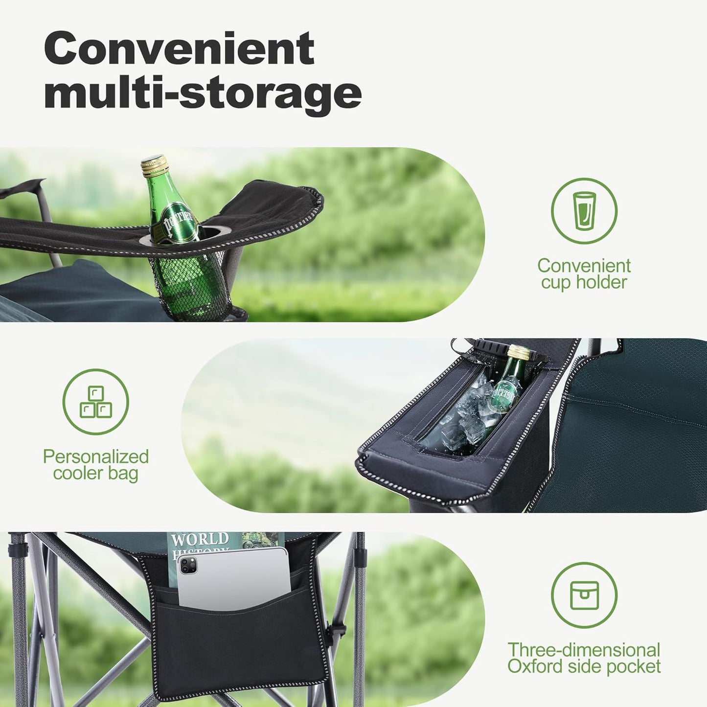 LET'S CAMP Oversized Folding Camping Chair Portable Outdoor Heavy Duty Padded Chairs Lawn Chair with Cup Holder, Storage Pocket and Cooler Bag, Supports 450LBS, for Camp, Travel, Picnic,2 Pack(Green)