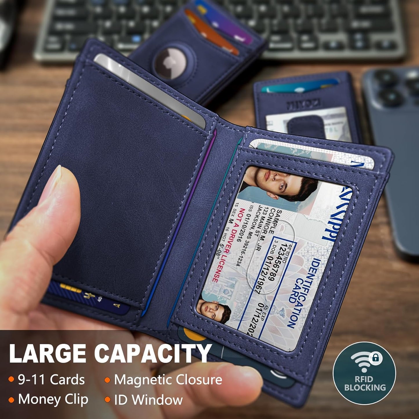 Airtag Wallet for Men- with Money Clip Gift Boxed, Magnetic Closure Slim Genuine Leather Front Pocket Wallet, 4.1"x 2.8", RFID Blocking
