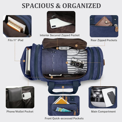 Gonex Canvas Duffle Bag for Travel 60L Expandable Duffel Weekend Overnight Bag men (Blue)