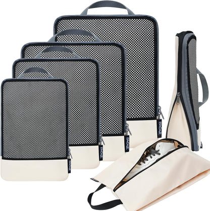 BAGAIL 4 Set/6 Set/8 Set Compression Packing Cubes Travel Accessories Expandable Packing Organizers (Half Mesh, 6-Beige)