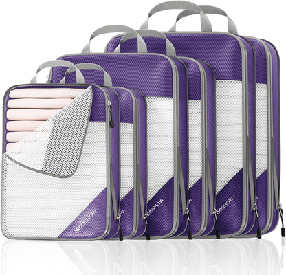Compression Packing Cubes 6 Set, Compressible Space-Saving Packing Cubes for Travel - Compression Bags, Luggage Organizer, Travel Essentials for Women, Purple