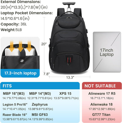 Boavan Rolling Backpack,17 inch Water Resistant Wheeled Backpack,Carry on Luggage Business Bag, Overnight College Computer Trolley Suitcase for Men Women Adults to Travel，Black