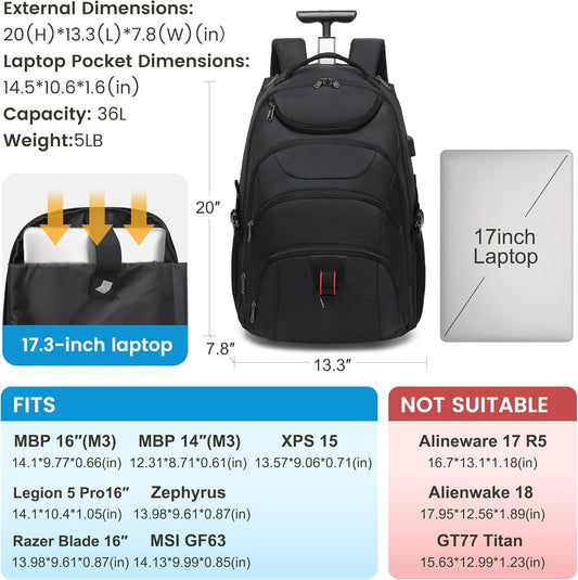Boavan Rolling Backpack,17 inch Water Resistant Wheeled Backpack,Carry on Luggage Business Bag, Overnight College Computer Trolley Suitcase for Men Women Adults to Travel，Black