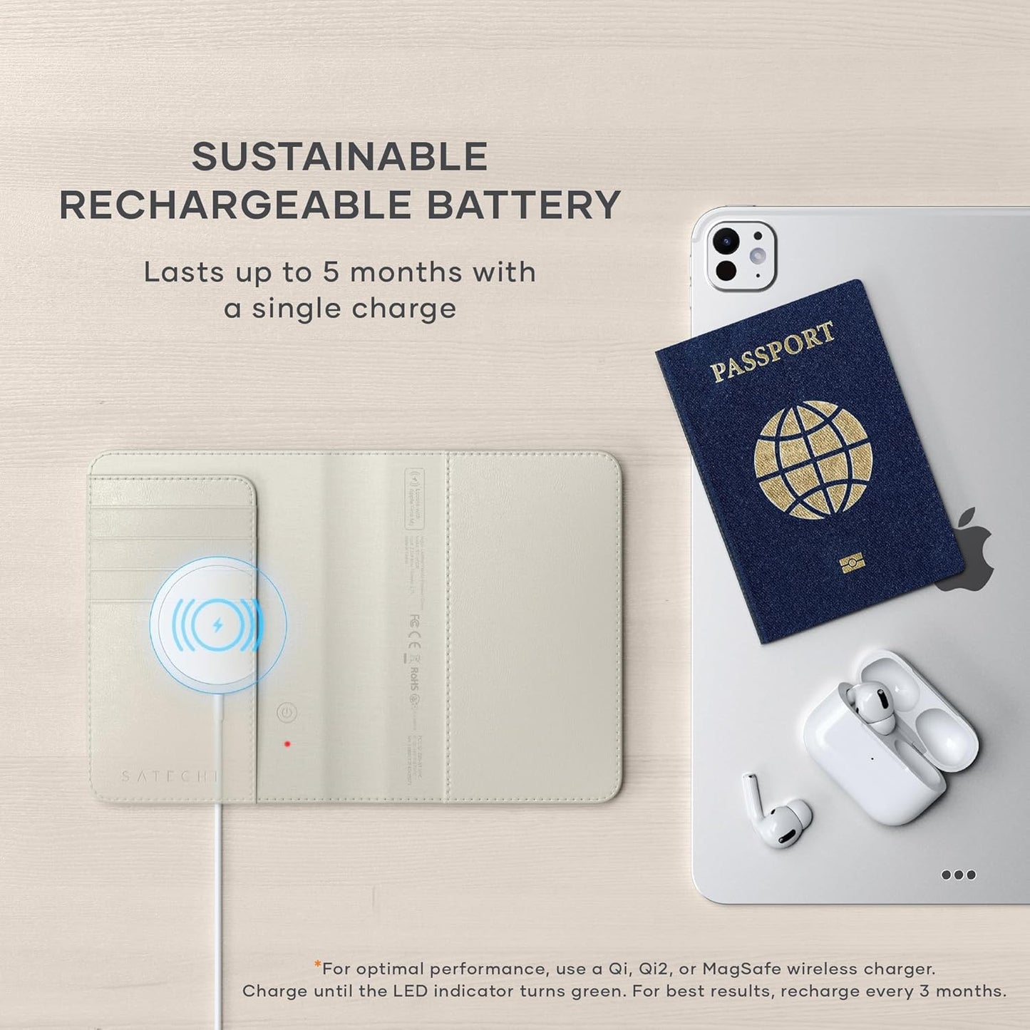 Satechi Passport Holder for Travel with Find My, Passport Cover with 4 Card Holder, Wireless Charging, and RFID protection – Travel Essential Vegan Leather Passport– Sand