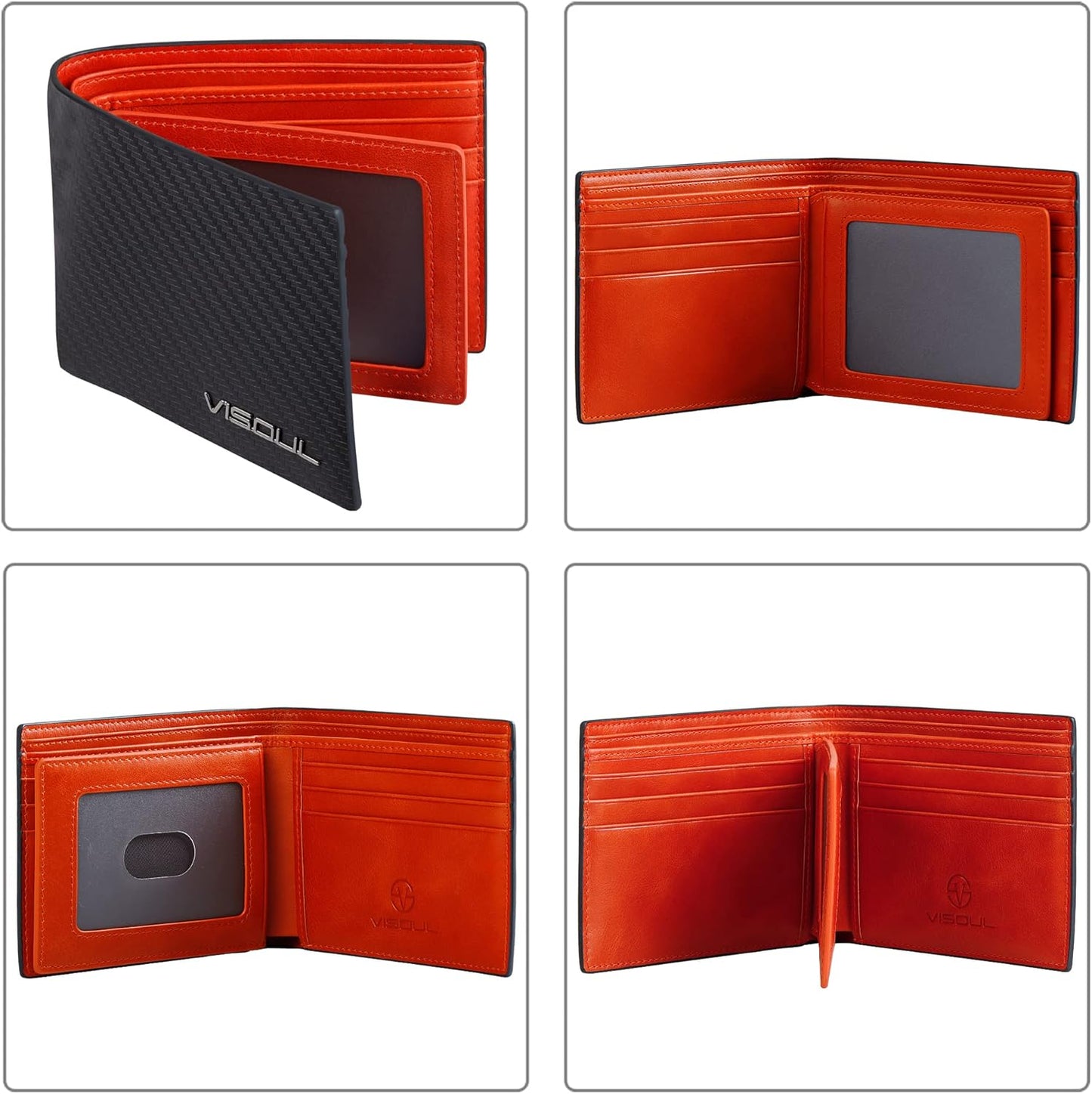 VISOUL Mens Bifold Wallet with 2 ID Windows Carbon Fiber Leather, RFID Blocking Secure Designer Billfold Wallets for Men with Two Cash Compartments (Black+Orange Red)