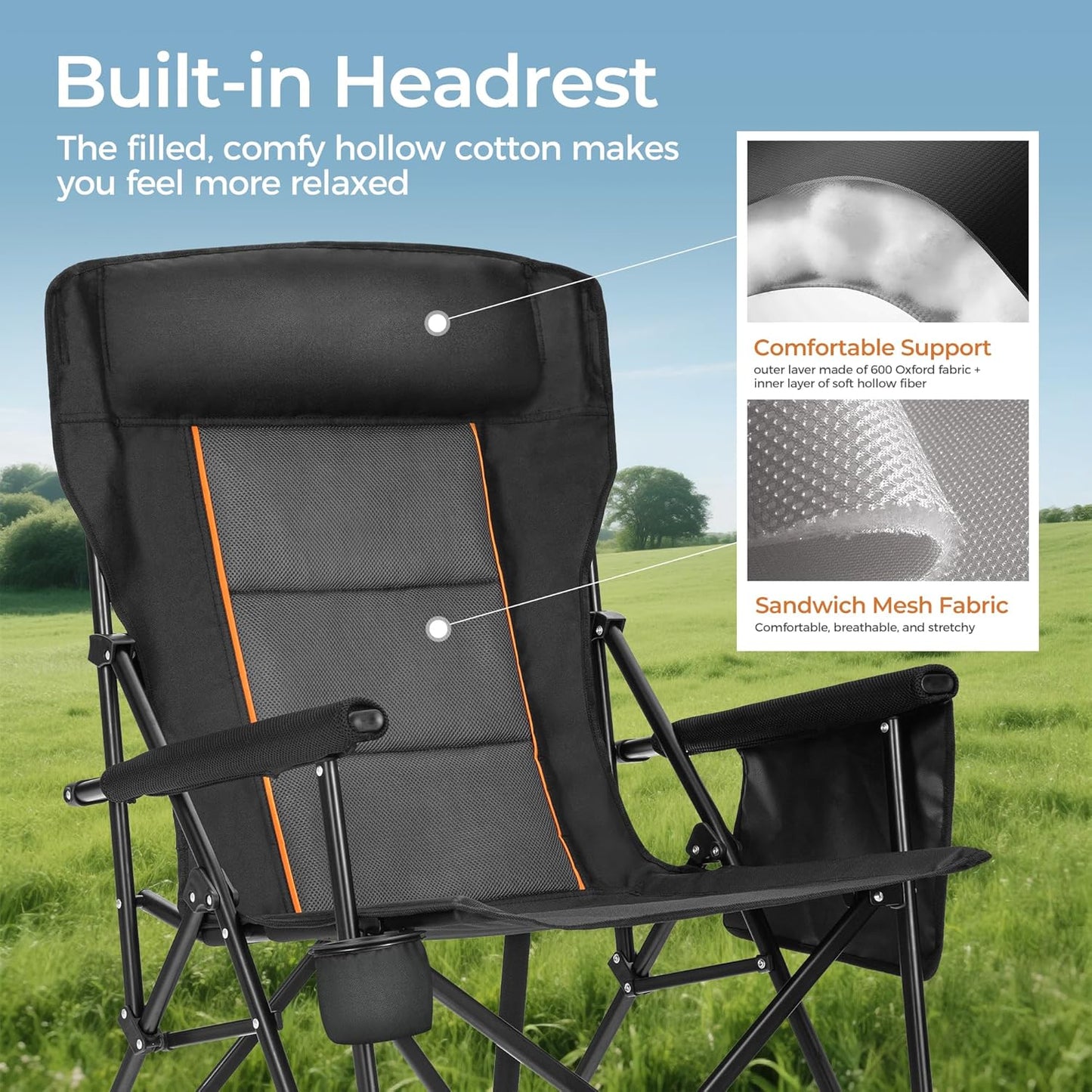 ALPHA CAMP Heavy Duty High Back Camping Chairs with Cup Holder Oversized Folding Chair Outdoor Chair with Headrest,Lawn with Side Pocket for Lawn, Sports and Fishing, 500lbs
