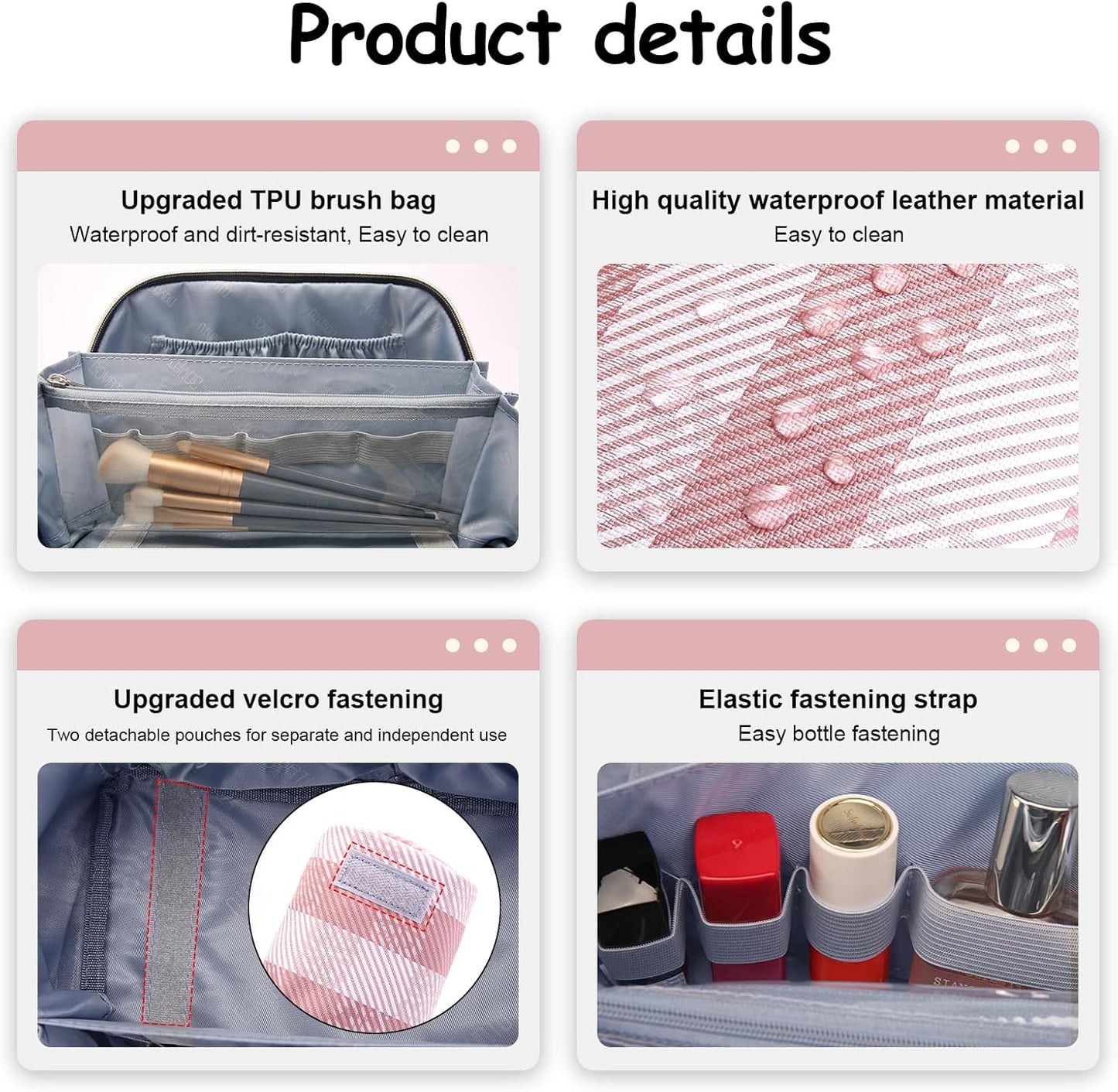 BOYATU Makeup Bag Travel Cosmetic Bag: 3 Pcs Set Portable Make up Bags for Women with Handle - Waterproof Vegan Leather Toiletry Organizer Bags with Comparments (F-03-Pink)