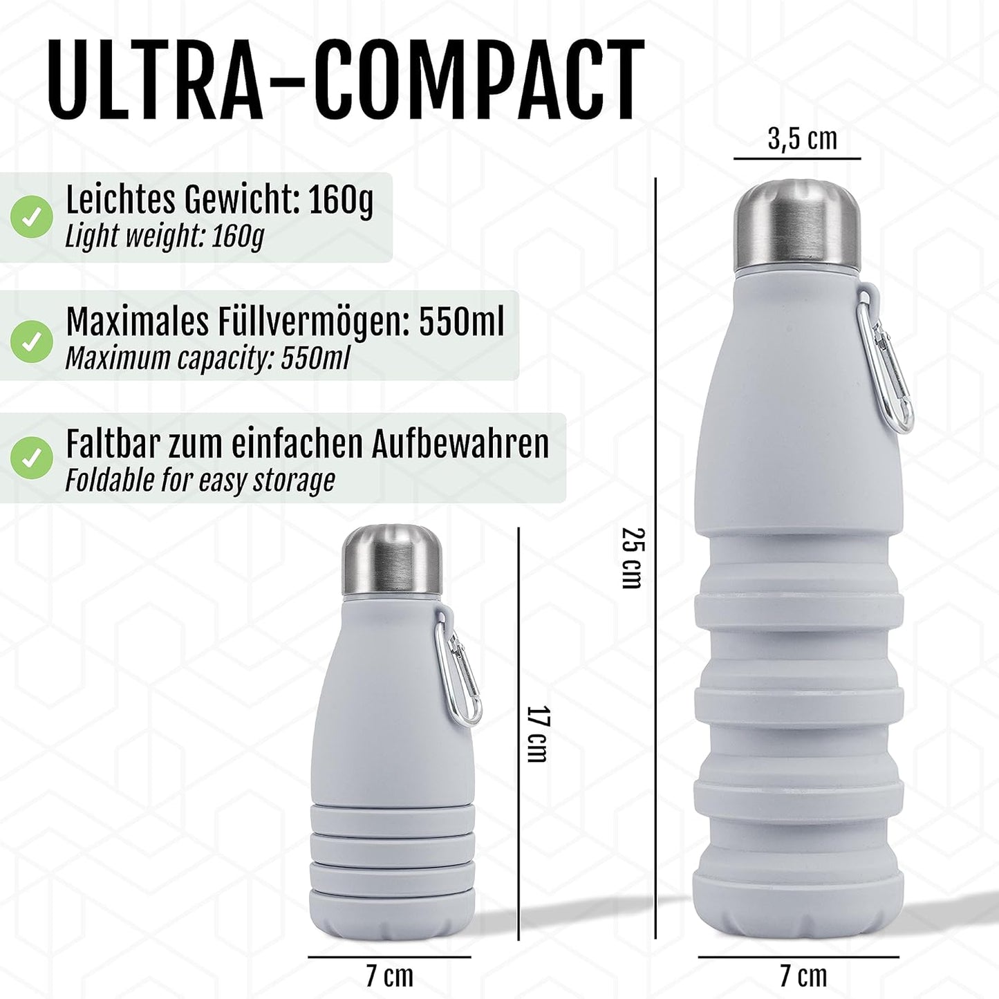 Foldable Drinking Bottle - BPA-free, leak-proof - Ideal festival accessory and practical outdoor companion with carabiner (Grey)