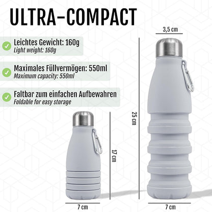 Foldable Drinking Bottle - BPA-free, leak-proof - Ideal festival accessory and practical outdoor companion with carabiner (Grey)