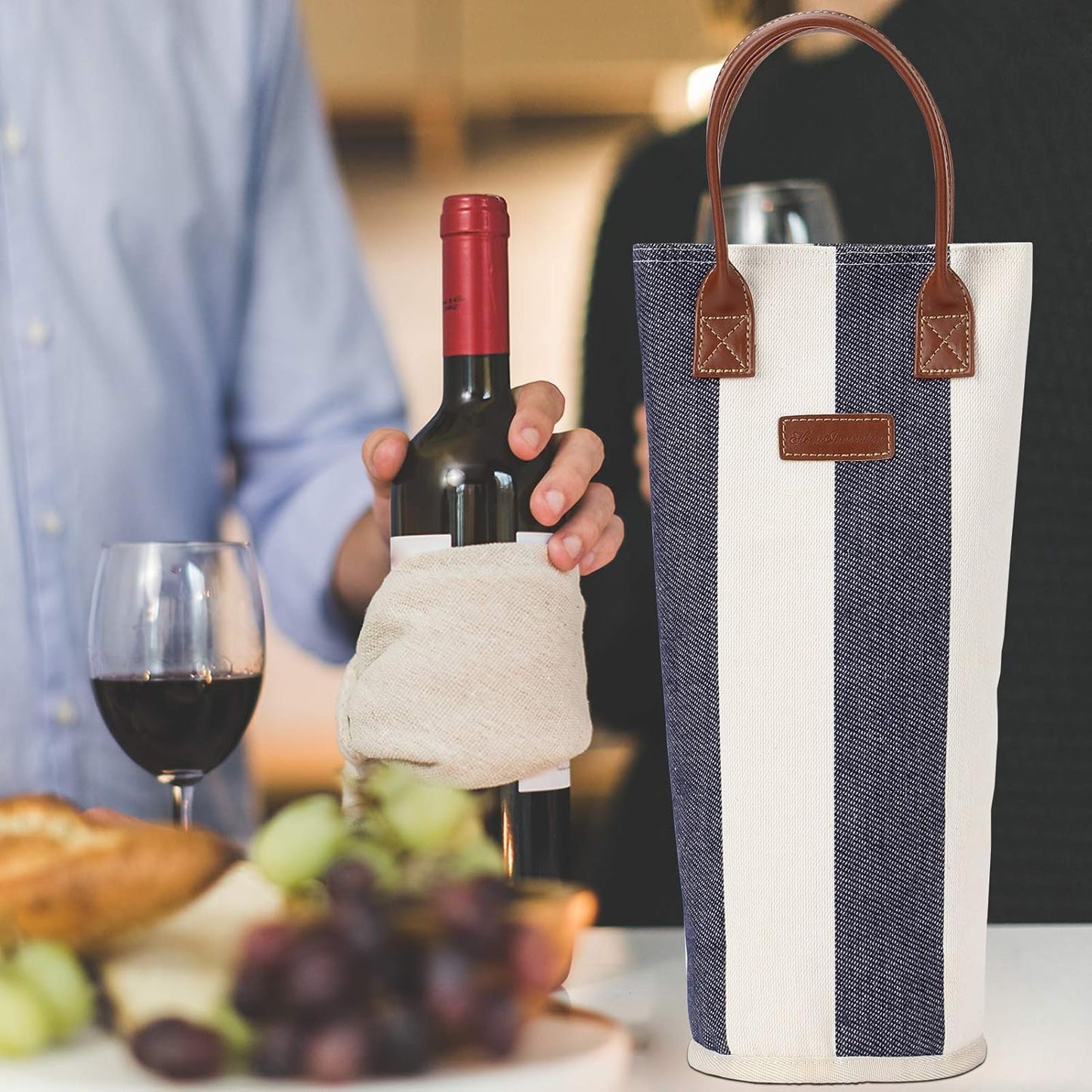 ZORMY Single Bottle Insulated Wine Tote, 1 Bottle Wine Carrier Bag Padded Wine Cooler Perfect Wine Lover's or Wedding Gift-Wide Srtipe