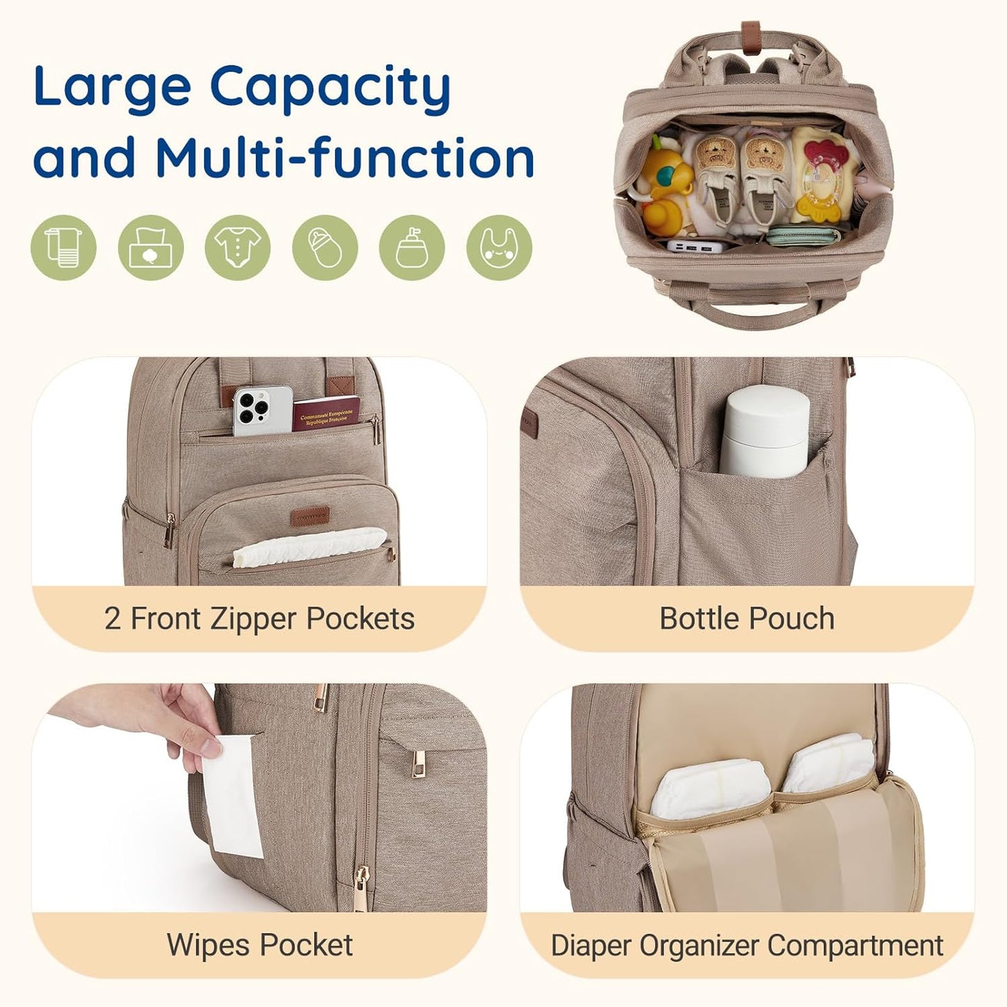 mommore Diaper Bag Expandable Large Baby Bag for 2 Kids/Twins with Wet&Dry Pocket, Travel Diaper Backpack for Mom Dad, Changing Pad, Luggage Strap